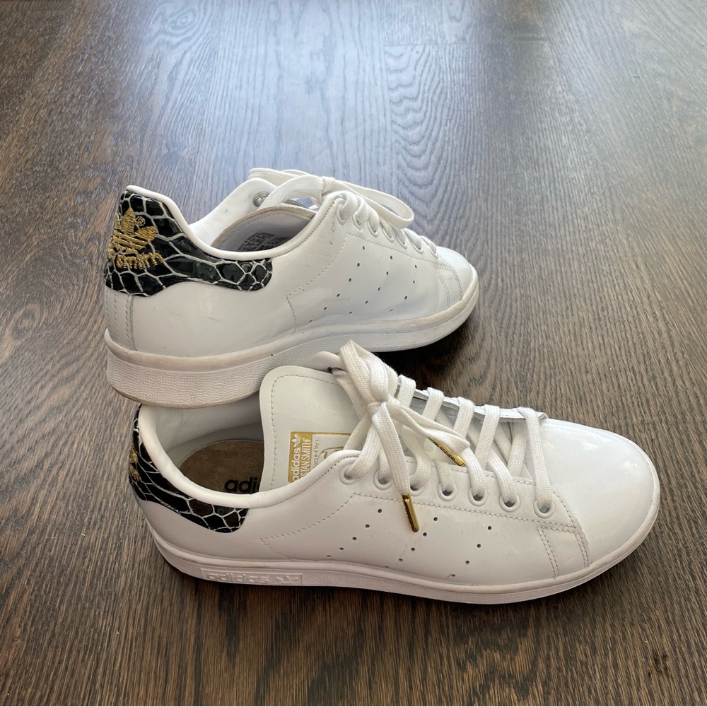 adidas White Sneakers with Black & Gold Heel Accent